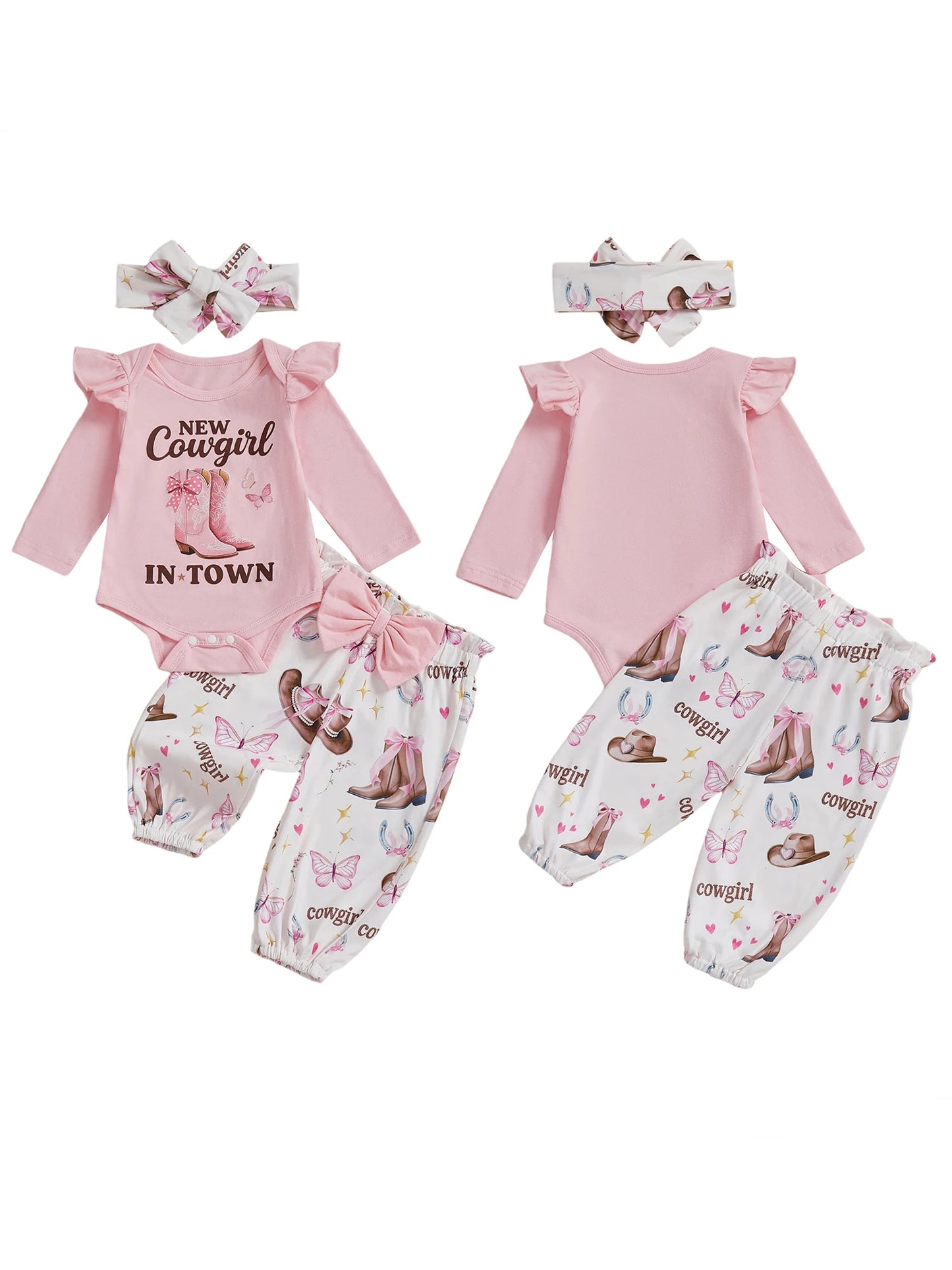 Baby Girl Western Outfits Letter Long Sleeve Round Neck Romper Floral Pants Headband 3 Pcs Set