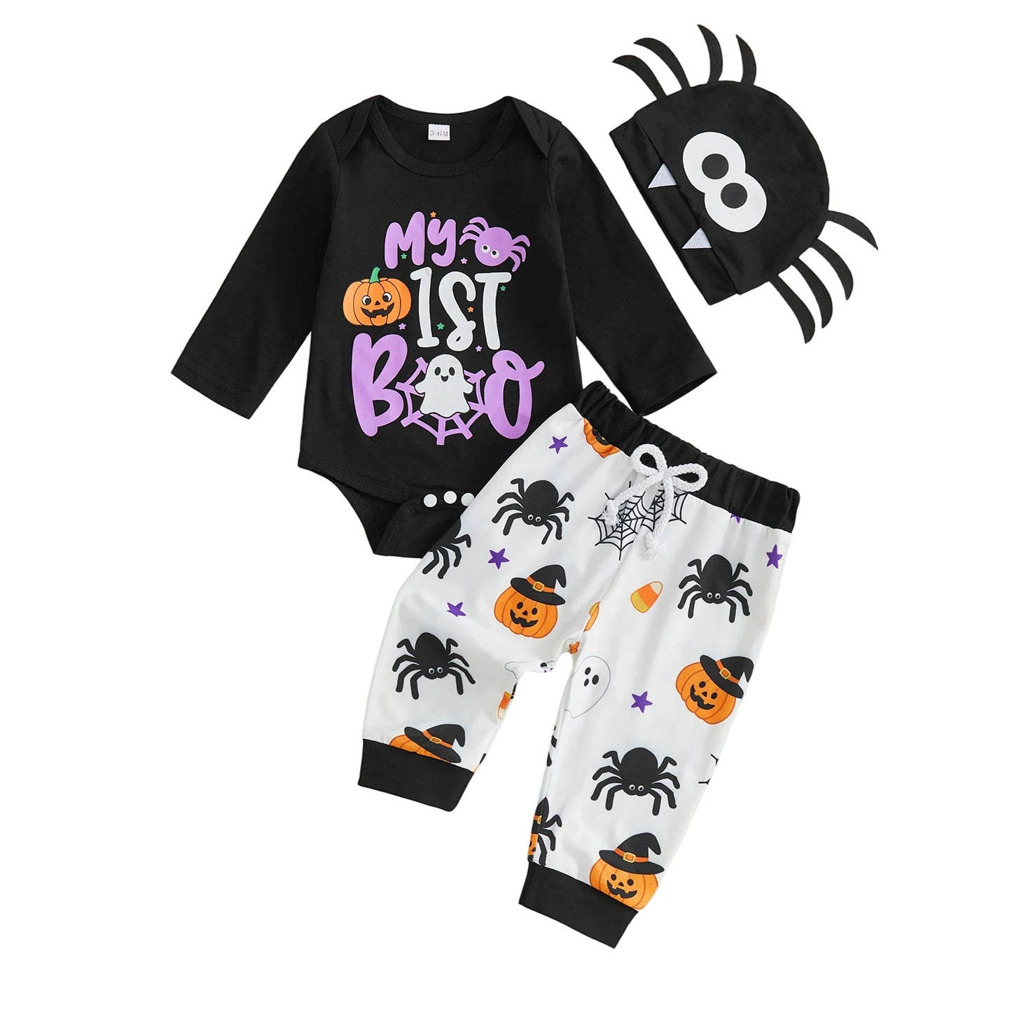 Romper-Pants Ghost Spider Print 3 Pcs Set Halloween Sleeve Romper Pants Boy Baby Ghost Baby Boy Halloween