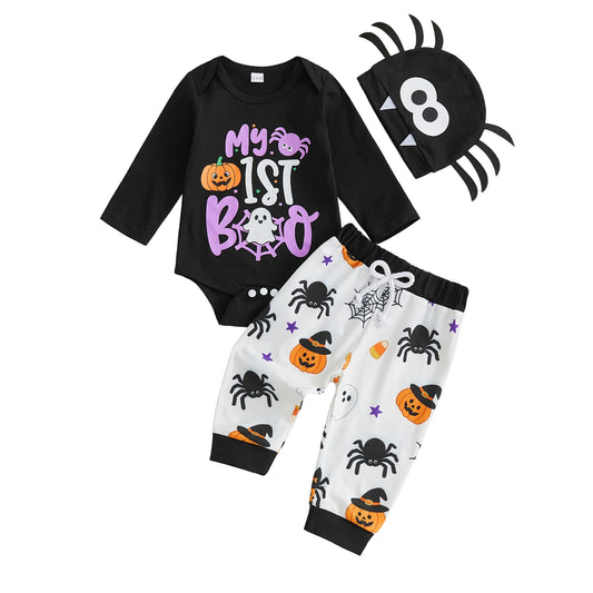 Romper-Pants Ghost Spider Print 3 Pcs Set Halloween Sleeve Romper Pants Boy Baby Ghost Baby Boy Halloween