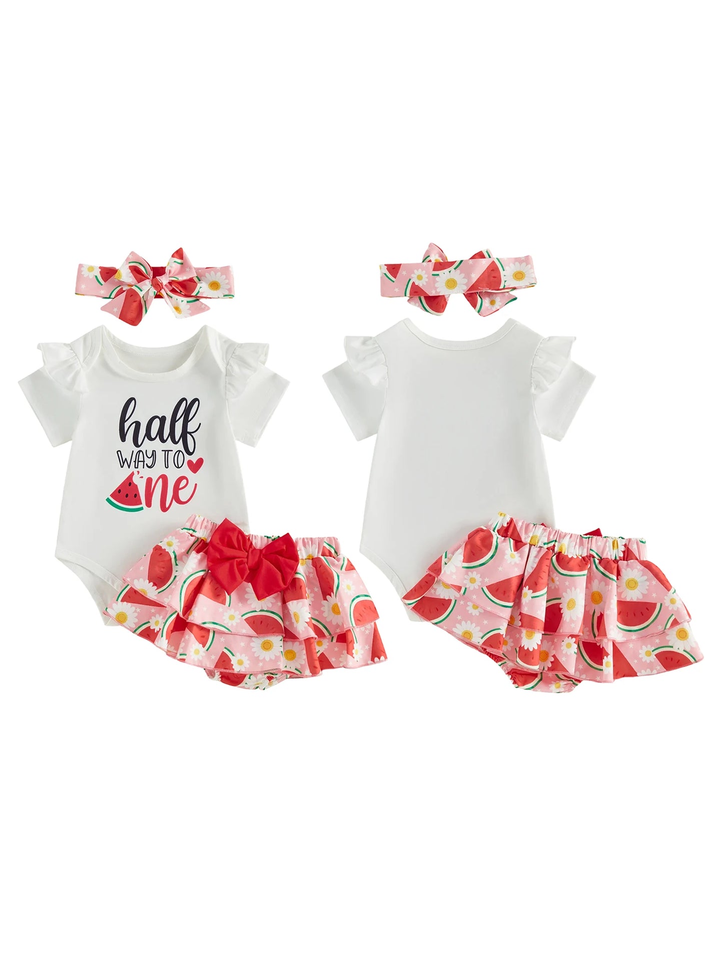 Baby Girl 6 Month Birthday Set with Ruffle Romper Skorts and Headband - Cute Letters Print Outfit for Half Year