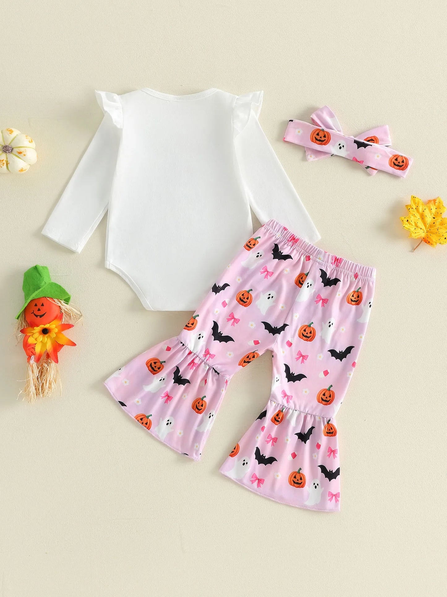 Toddler Girl Halloween Costume Letter Pumpkin Ghost Print Crew Neck Long Sleeve Rompers Bell-Bottoms Pants Headband 3Pcs Outfit
