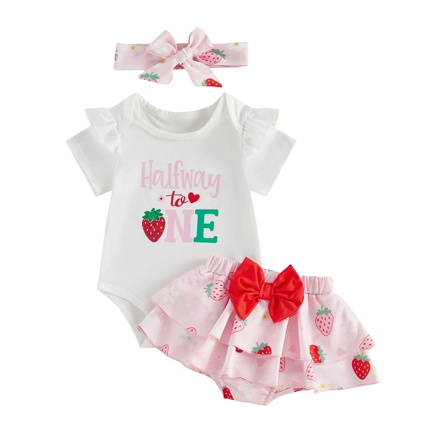 Baby Girl 6 Month Birthday Set with Ruffle Romper Skorts and Headband - Cute Letters Print Outfit for Half Year