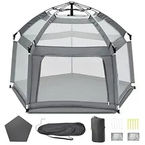 Baby Playpen with Self-Inflating Play Mat & Travel Bag, Portable Outdoor Playpen for Babies and Toddlers, Foldable Pop Up Play T