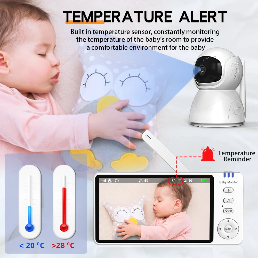 5.0 Inch Electronic Baby Monitor With Pan-Tilt-Zoom Camera Battery IPS Screen Wireless Babysitter Video Audio Lullaby Baby Nanny