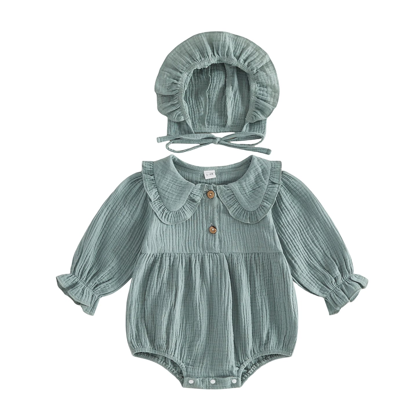 Infant Girls Cotton Linen Romper Set with Hat Long Sleeve Solid Color Jumpsuit and Matching Doll Collar Outfit