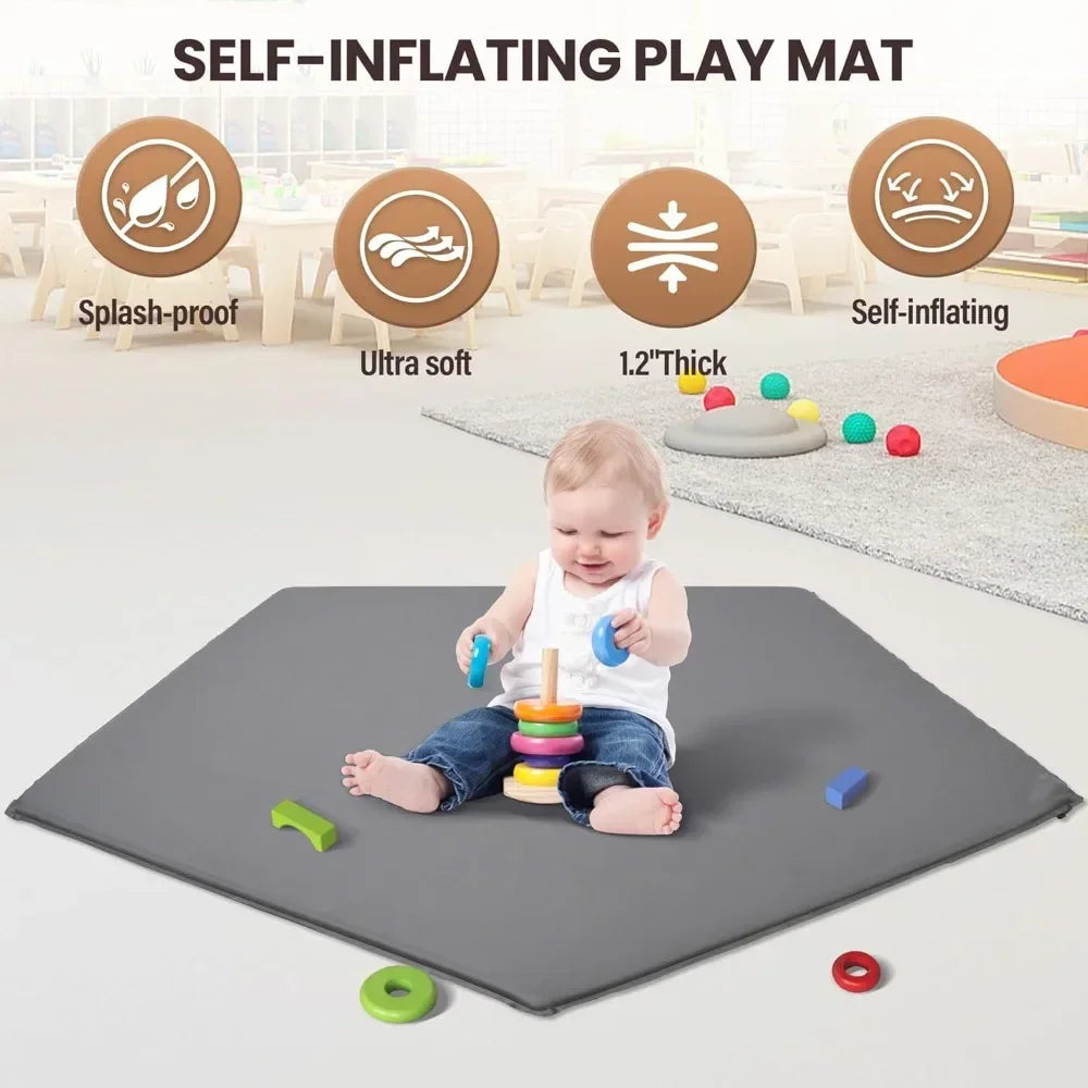 Baby Playpen with Self-Inflating Play Mat & Travel Bag, Portable Outdoor Playpen for Babies and Toddlers, Foldable Pop Up Play T