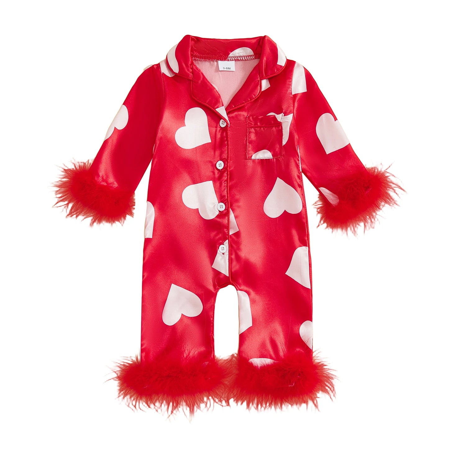 Valentine's Day Spring Newborn Baby Boys Casual Rompers Heart Print Feather Long Sleeve Button Satin Jumpsuits Playsuits