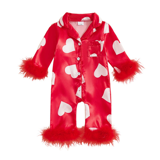 Valentine's Day Spring Newborn Baby Boys Casual Rompers Heart Print Feather Long Sleeve Button Satin Jumpsuits Playsuits