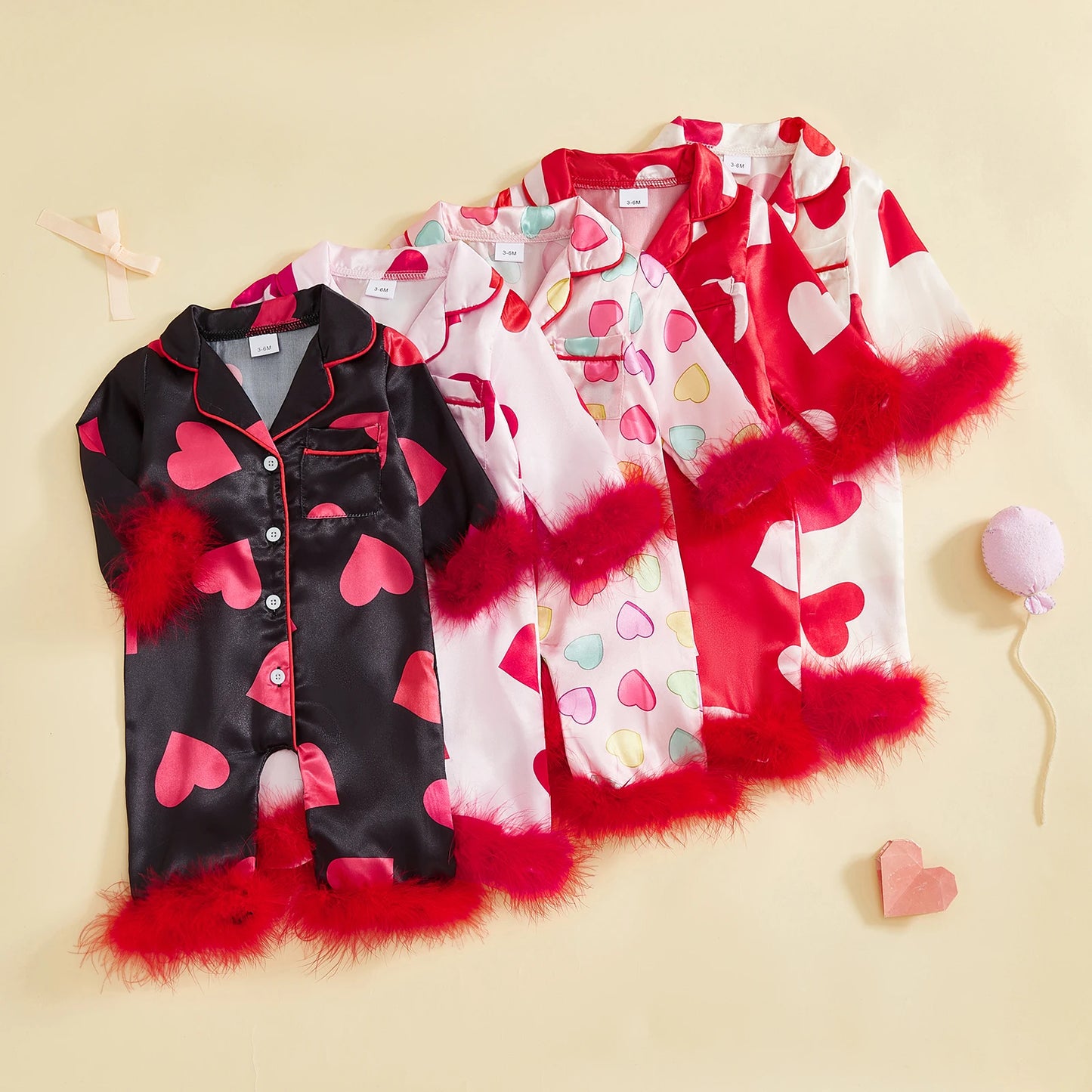 Valentine's Day Spring Newborn Baby Boys Casual Rompers Heart Print Feather Long Sleeve Button Satin Jumpsuits Playsuits