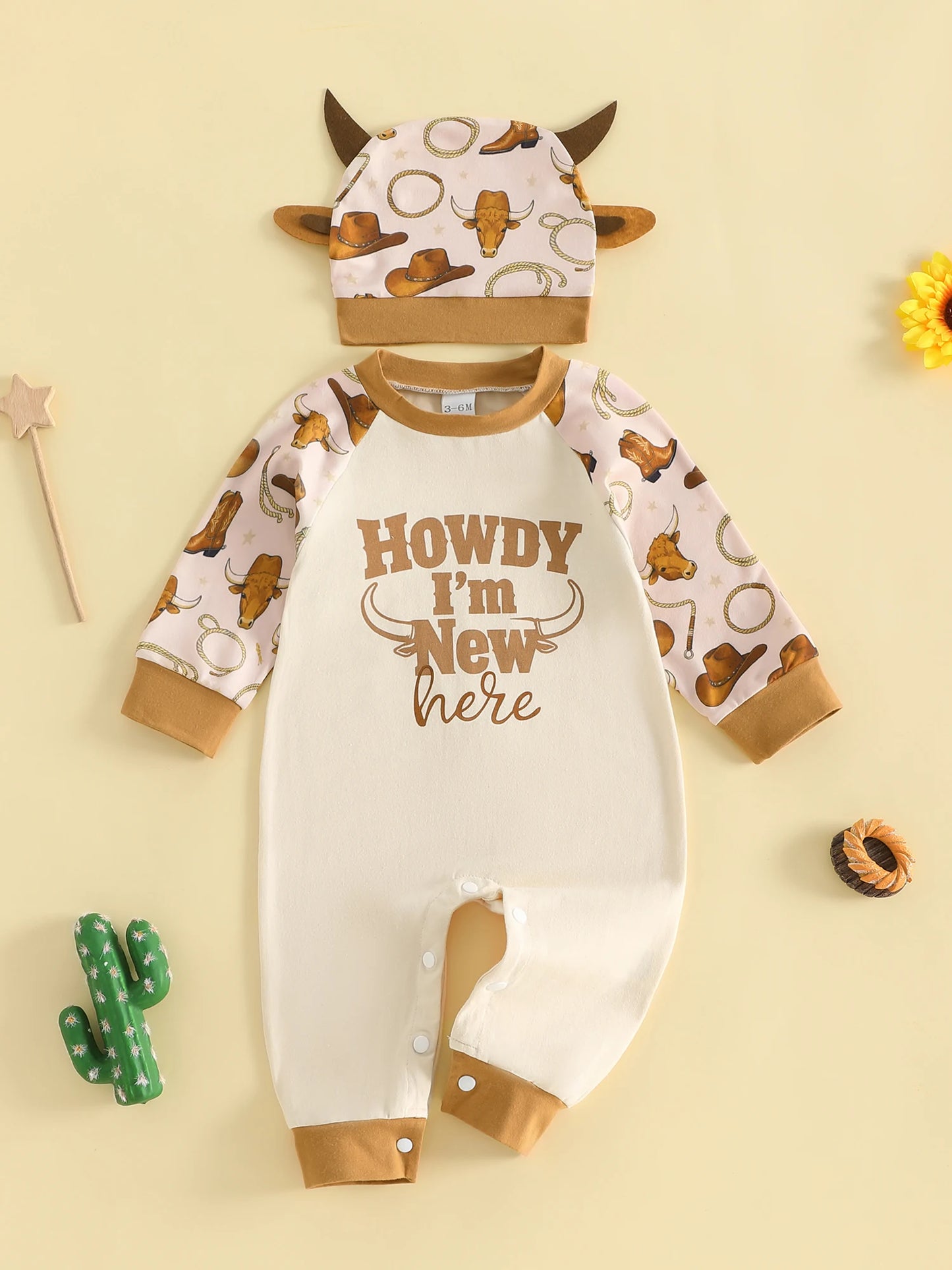Cute Infant Cow Print  with Matching Horned Hat for Autumn - Adorable Western Style Romper Set for Baby Boy