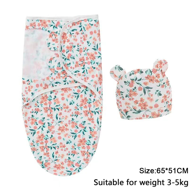 Newborn 0-6M Cartoon Printed Cotton Swaddle Set - Adjustable All-Season Baby Blanket & Hat
