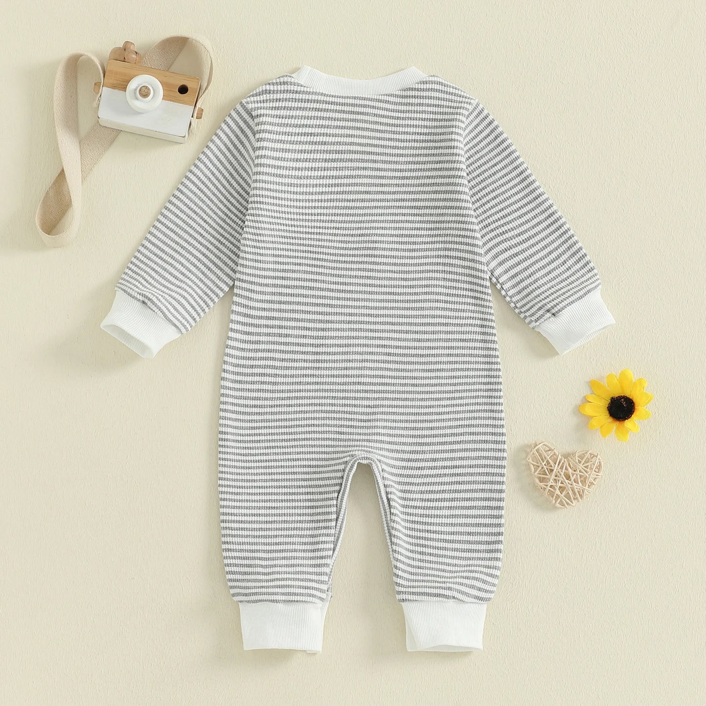 Lioraitiin Baby Boys Fall Romper Letter Embroidery Long Sleeve Round Neck Full Length Waffled Stripe Jumpsuit