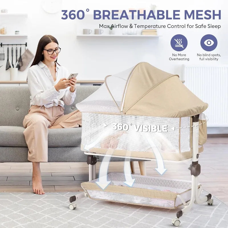 Baby Bassinet Bedside Sleeper, Upgraded Stability Bedside Crib with Full Mesh Sides, Soft Sheet, 6-Height Adjustment, Storage Ba