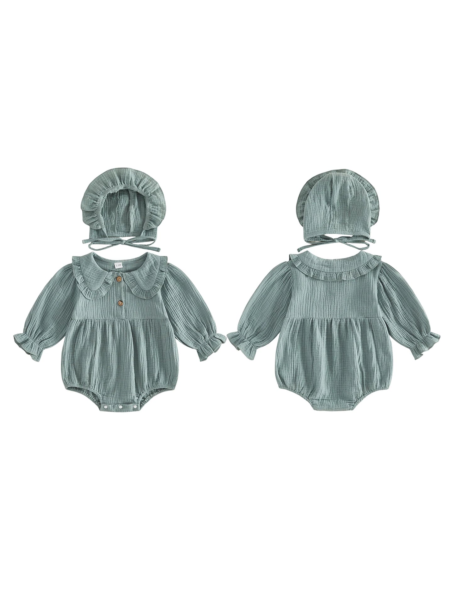 Infant Girls Cotton Linen Romper Set with Hat Long Sleeve Solid Color Jumpsuit and Matching Doll Collar Outfit