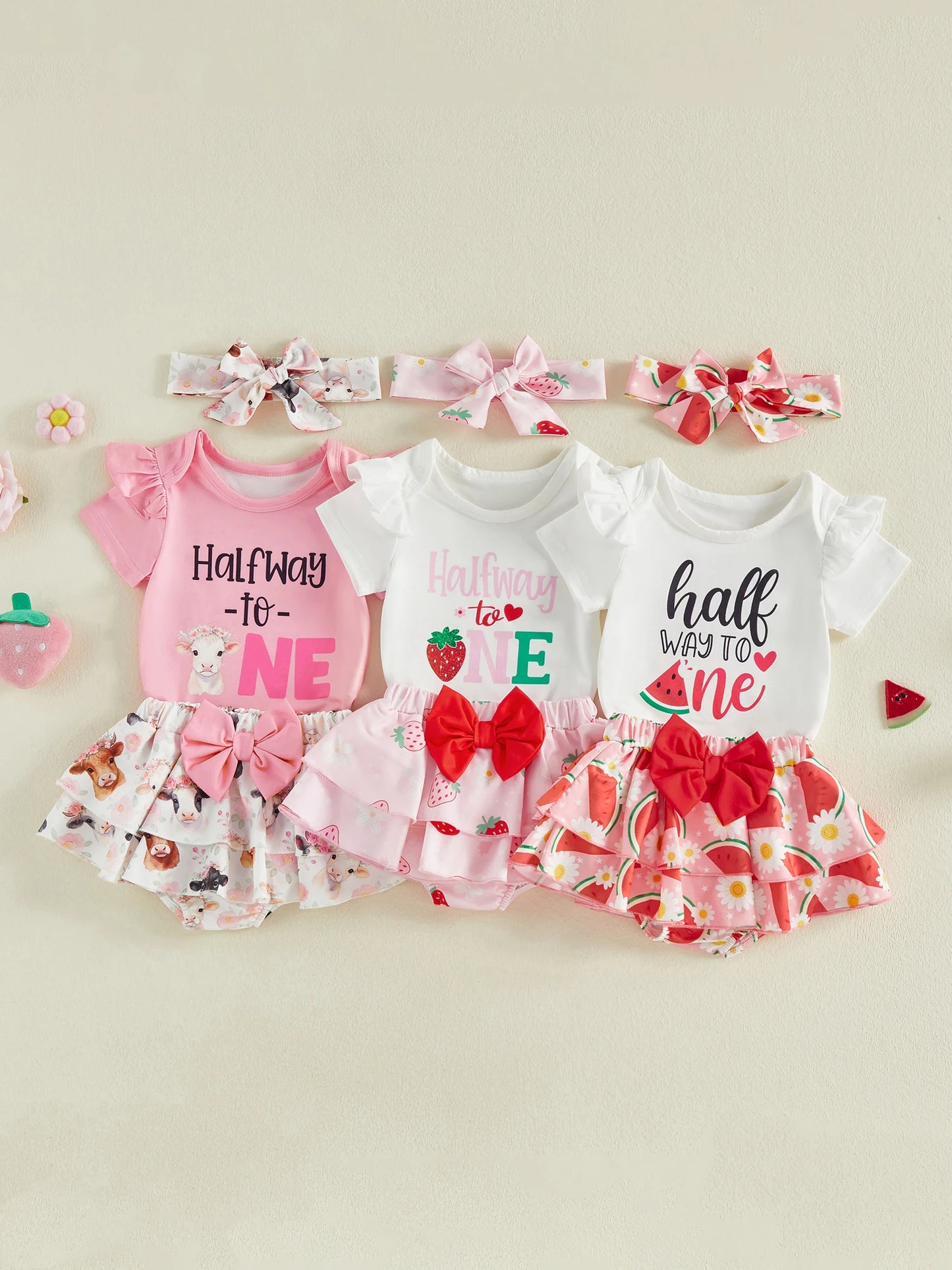 Baby Girl 6 Month Birthday Set with Ruffle Romper Skorts and Headband - Cute Letters Print Outfit for Half Year
