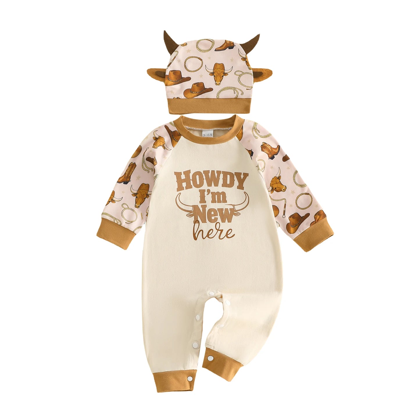 Cute Infant Cow Print  with Matching Horned Hat for Autumn - Adorable Western Style Romper Set for Baby Boy