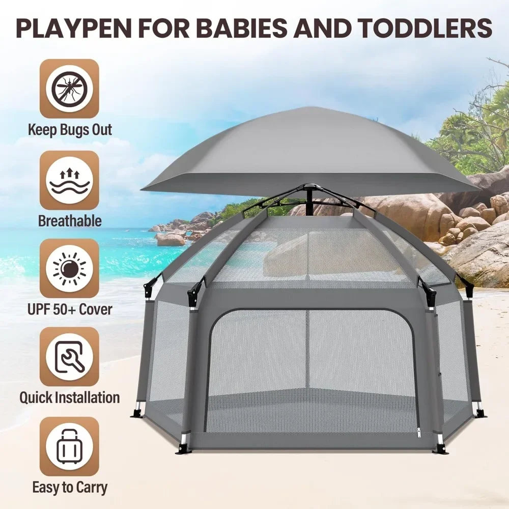 Baby Playpen with Self-Inflating Play Mat & Travel Bag, Portable Outdoor Playpen for Babies and Toddlers, Foldable Pop Up Play T