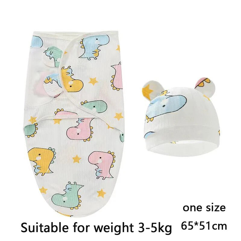 Newborn 0-6M Cartoon Printed Cotton Swaddle Set - Adjustable All-Season Baby Blanket & Hat