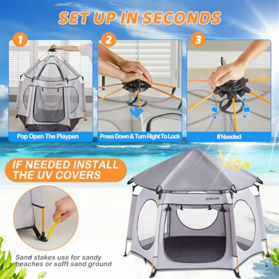 4 in 1 Pop Up Playpen Indoor Outdoor Portable Lightwght Baby Playpen with Travel Bag Baby Beach Tent and Play Toddler Play Yard