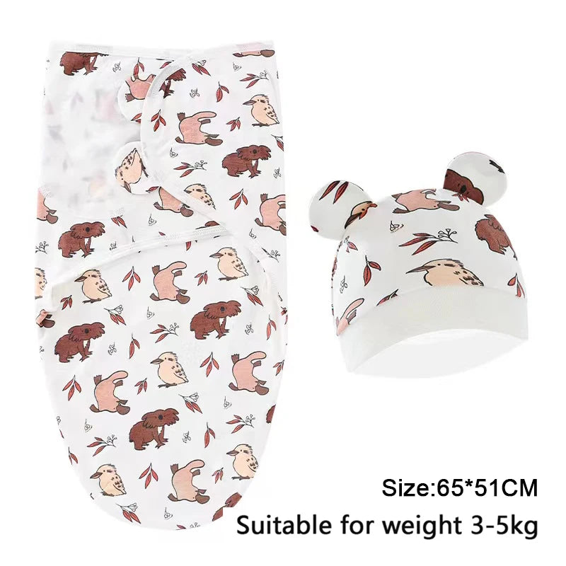 Newborn 0-6M Cartoon Printed Cotton Swaddle Set - Adjustable All-Season Baby Blanket & Hat