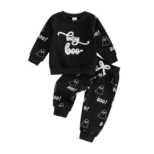 Kids Halloween Costume Set Long Sleeve Crew Neck Pumpkin Embroidery Sweatshirt and Jogger Pants for Toddler Girl Boy