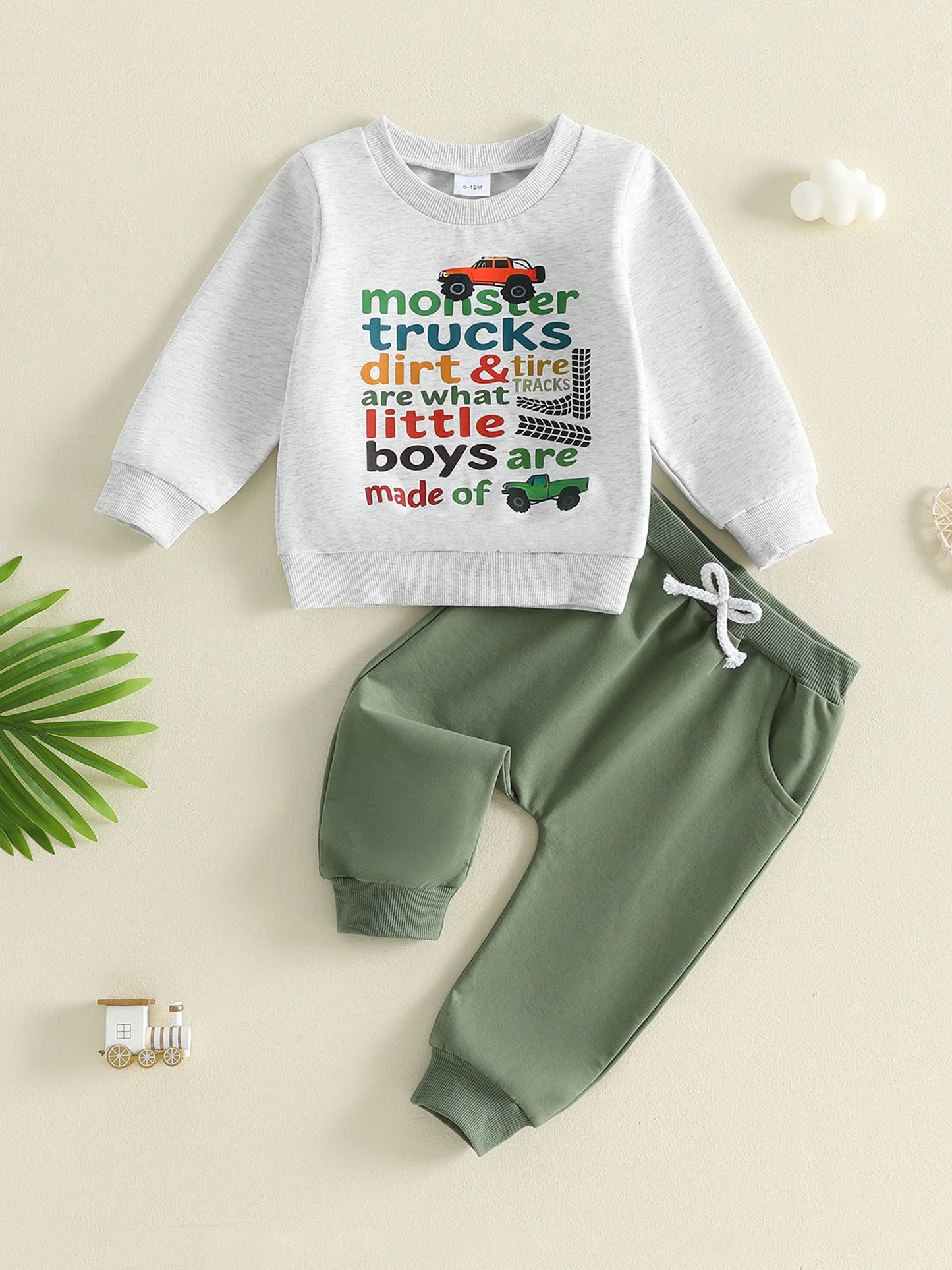 Cute Baby Boys 2 Piece Clothing Set with Fun Dinosaur Print Long Sleeve Top and Comfy Elastic Waist Pants for Playtime