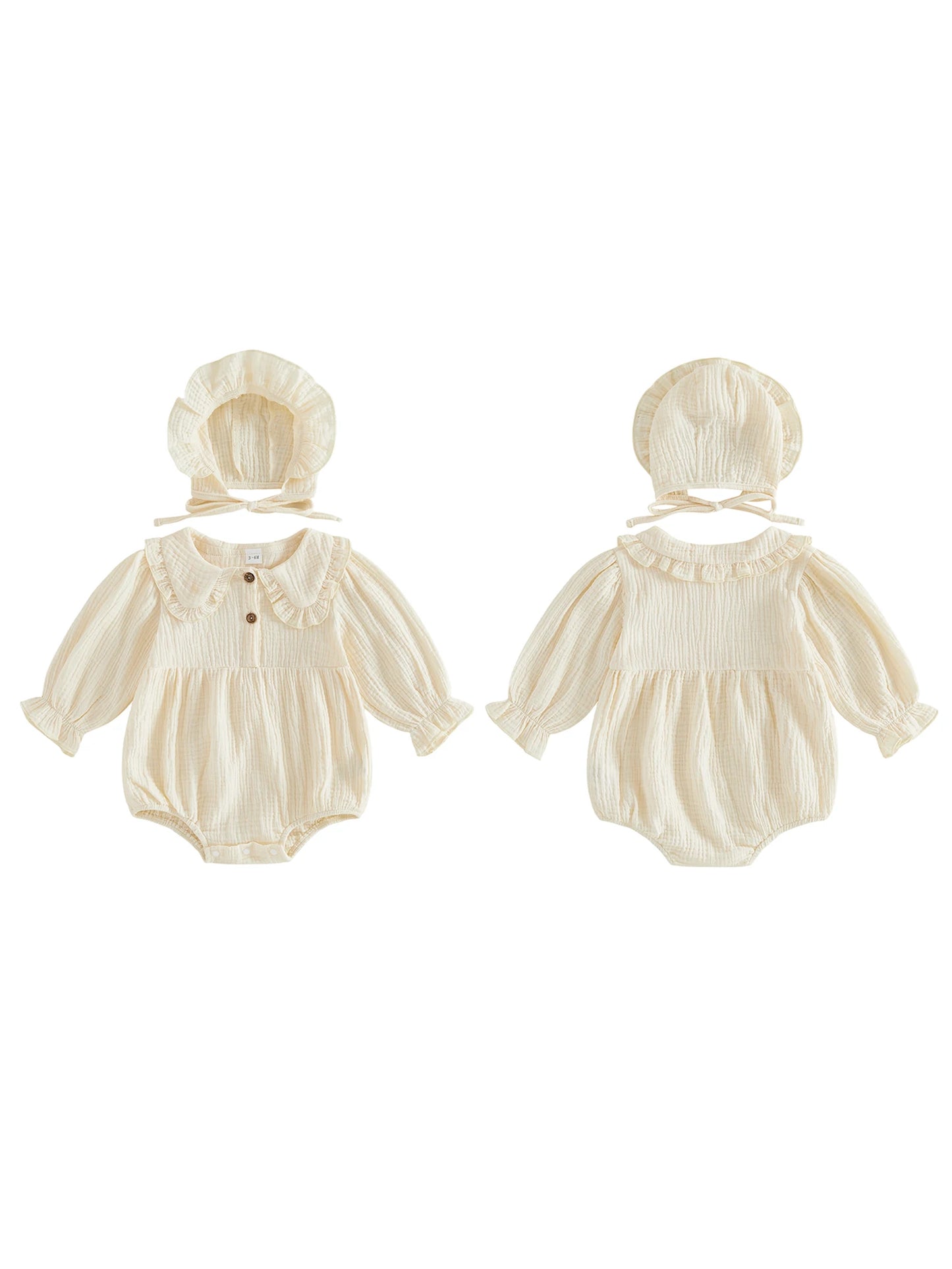 Infant Girls Cotton Linen Romper Set with Hat Long Sleeve Solid Color Jumpsuit and Matching Doll Collar Outfit