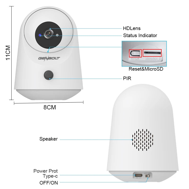 GENBOLT 5000mAh Battery 2K Security Camera, WiFi Indoor Pan Tilt PIR Motion Detection, for Home Baby Nanny Pet Monitoring
