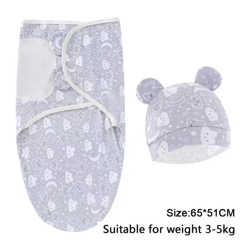 Newborn 0-6M Cartoon Printed Cotton Swaddle Set - Adjustable All-Season Baby Blanket & Hat