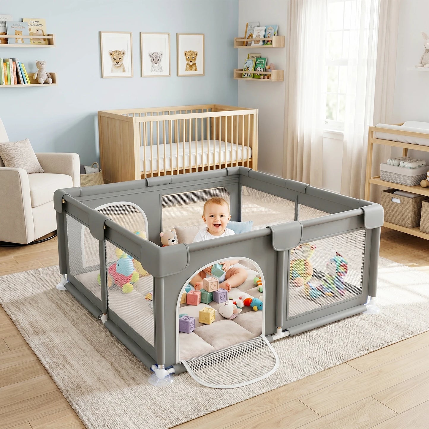 48"x48" Baby Playpen - Large Open-Floor Activity Center with Learning Fence | Indoor/Outdoor Play Yard with Breathable Mesh | Gray, Pink,Blue