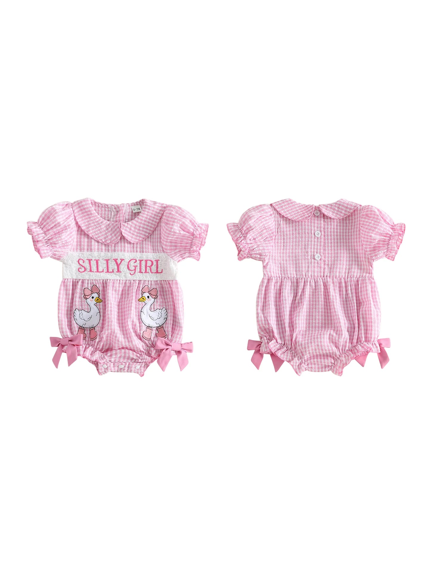 Adorable Baby Girl Romper with Puff Sleeves and Doll Collar Featuring Embroidered Letters and Plaid Print Perfect for Summer