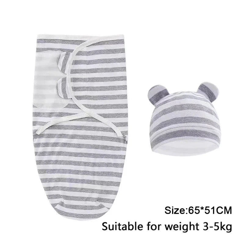 Newborn 0-6M Cartoon Printed Cotton Swaddle Set - Adjustable All-Season Baby Blanket & Hat