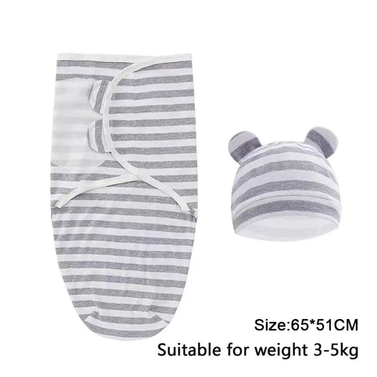 Newborn 0-6M Cartoon Printed Cotton Swaddle Set - Adjustable All-Season Baby Blanket & Hat