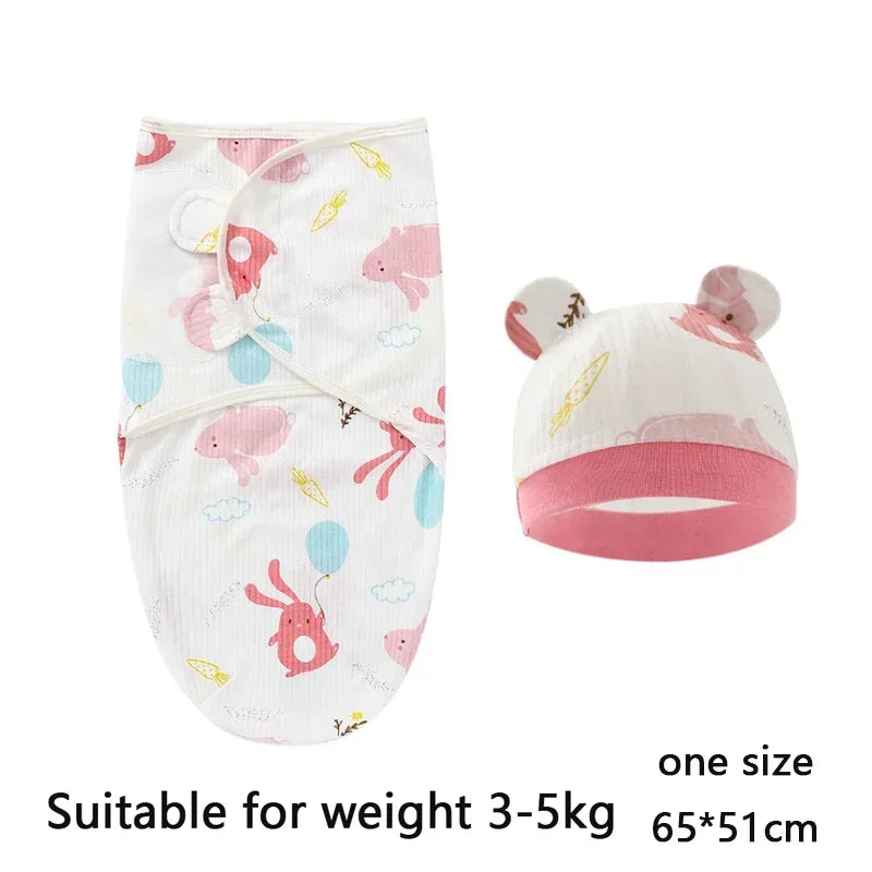 Newborn 0-6M Cartoon Printed Cotton Swaddle Set - Adjustable All-Season Baby Blanket & Hat