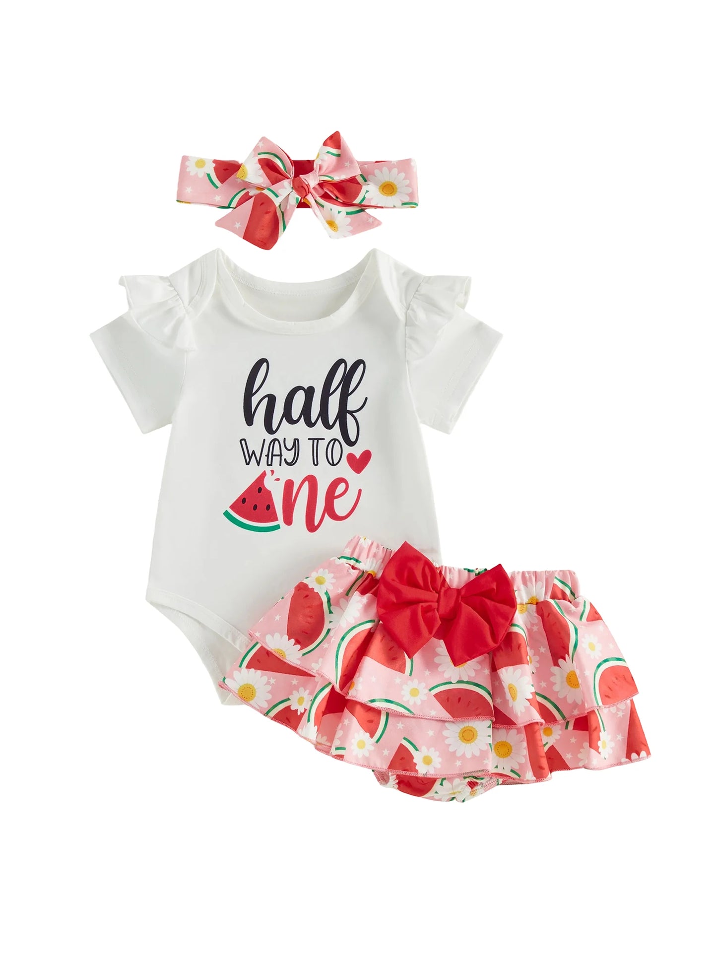 Baby Girl 6 Month Birthday Set with Ruffle Romper Skorts and Headband - Cute Letters Print Outfit for Half Year