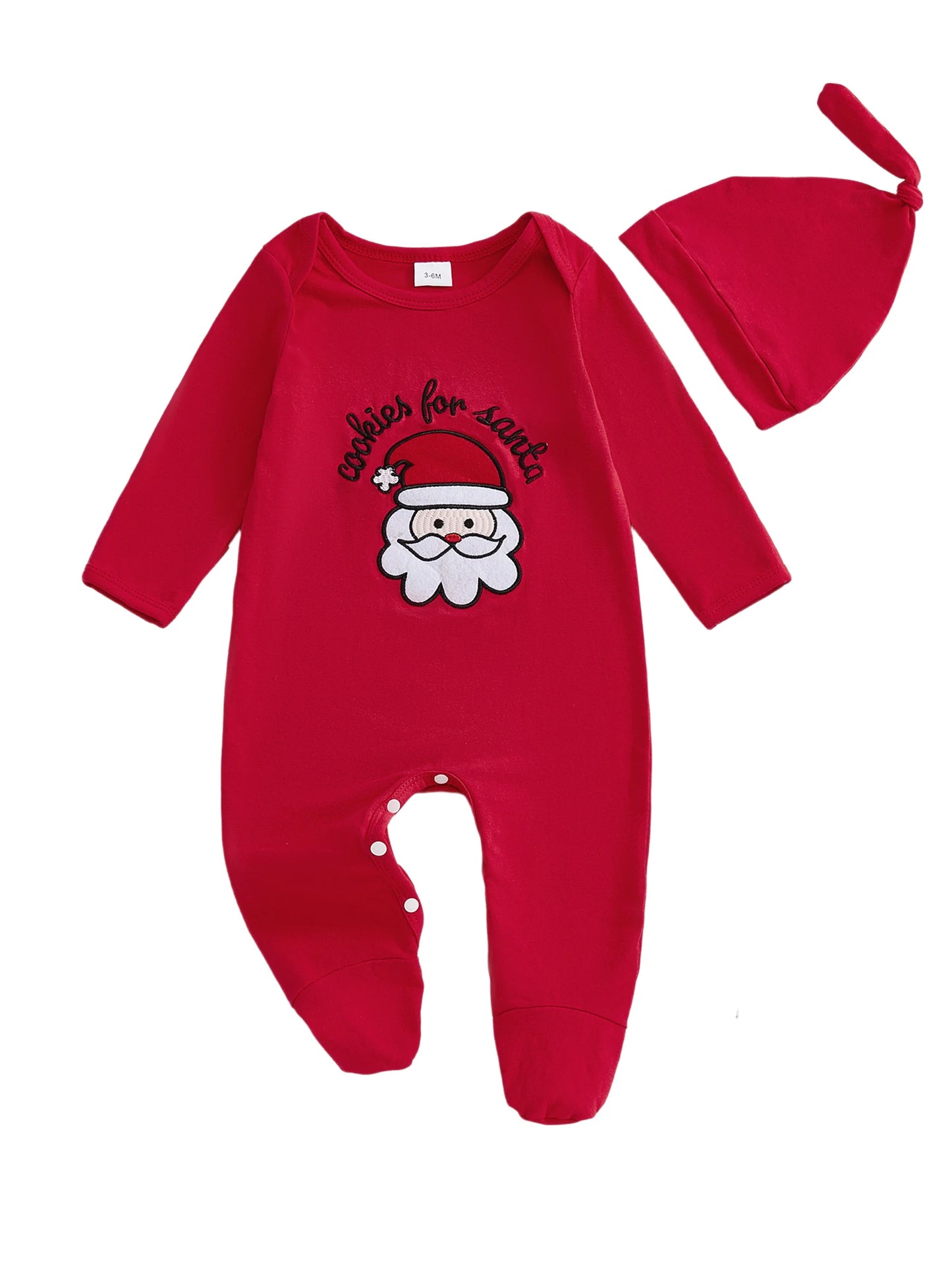 Christmas Baby Boy 2 Piece Outfits Cute Long Sleeve Round Neck Santa Claus Letter Embroidery Jumpsuit and Hat Set