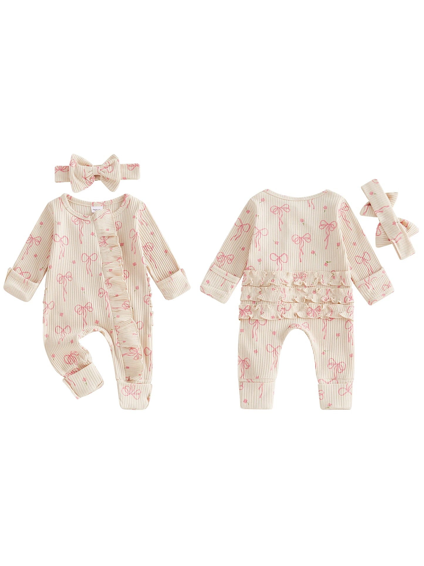 Adorable Baby Girls Floral Print Ruffle Sleeve Romper with Matching Bow Headband Set for Stylish Toddler Outfits and Photoshoots