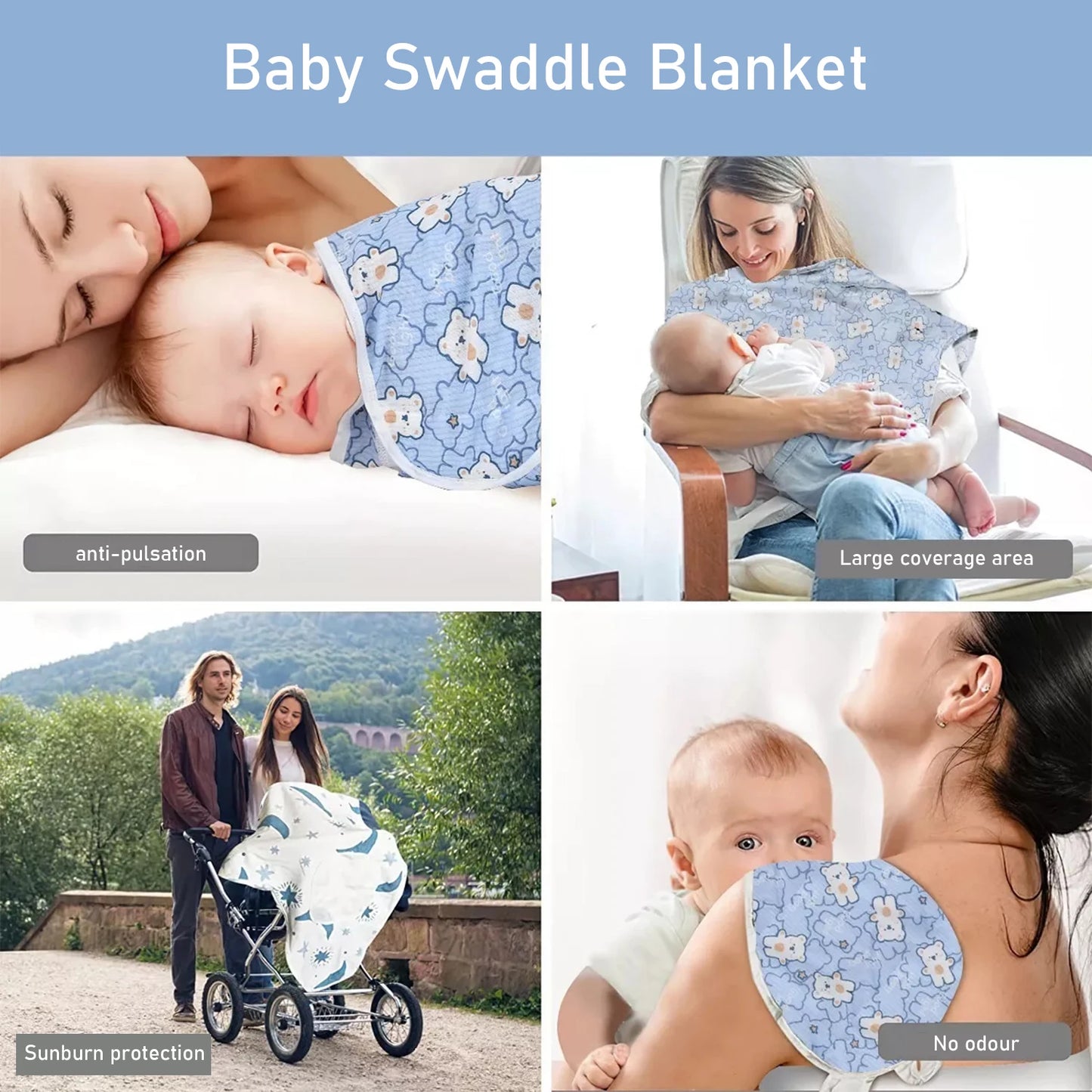 Newborn 0-6M Cartoon Printed Cotton Swaddle Set - Adjustable All-Season Baby Blanket & Hat