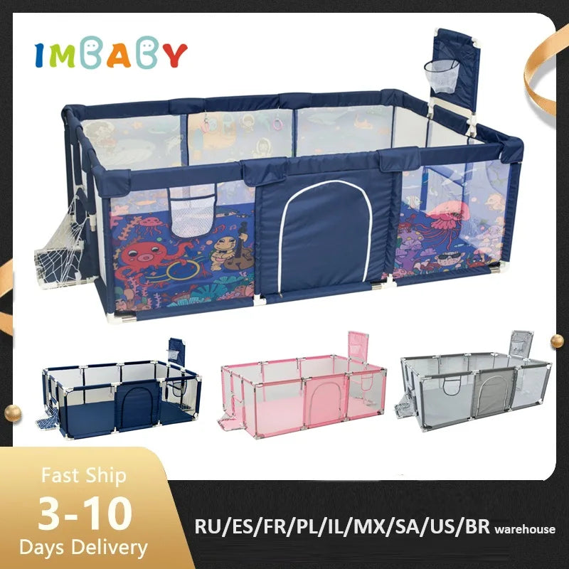 IMBABY New Playpen for Children Cartoon Baby Palypens Basketball Baby Playground Fence for Child Safety Barriers Baby Dry Pool