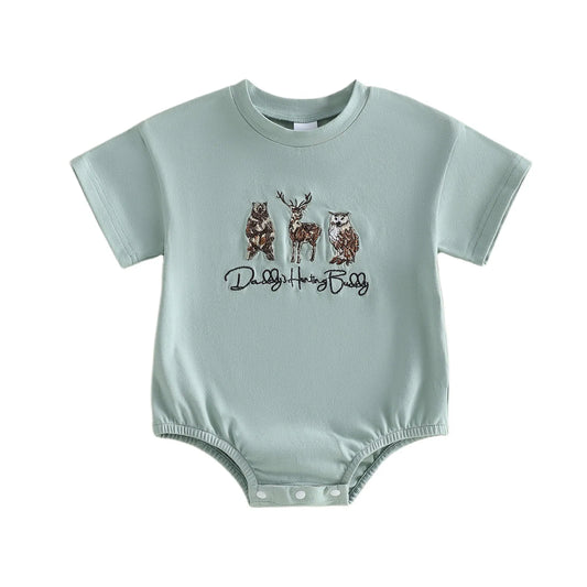Adorable Toddler Boy s Stylish Romper with Cute Animal Patchwork and Trendy Letter Embroidery Short Sleeve Round Neck