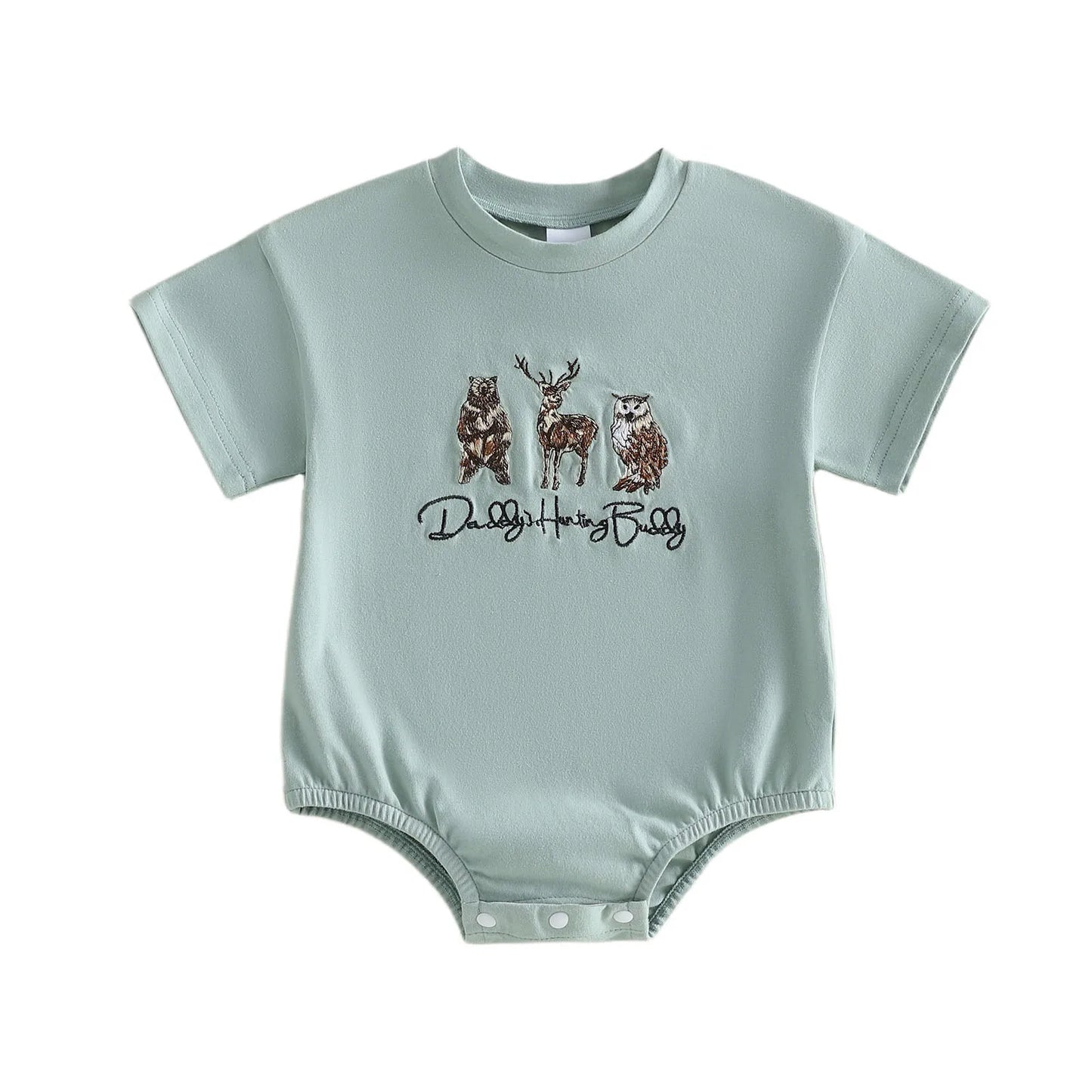 Adorable Toddler Boy s Stylish Romper with Cute Animal Patchwork and Trendy Letter Embroidery Short Sleeve Round Neck