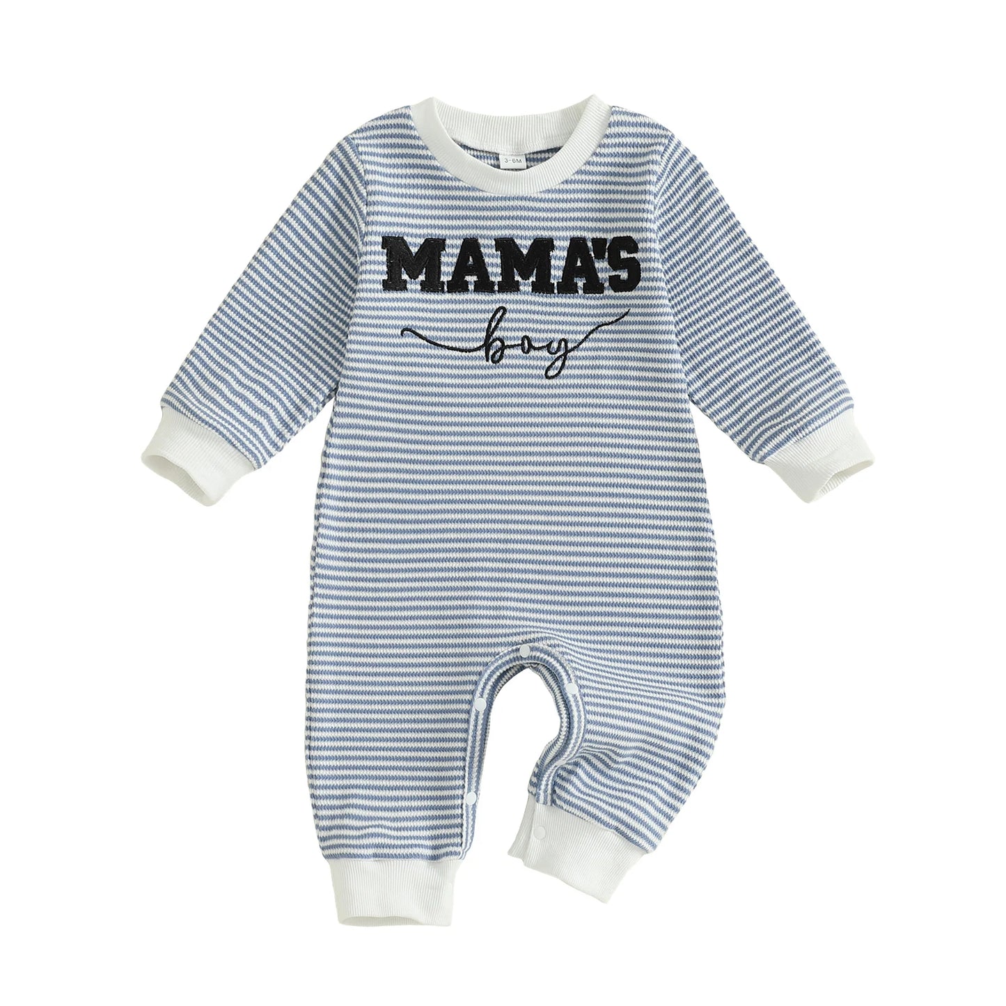 Lioraitiin Baby Boys Fall Romper Letter Embroidery Long Sleeve Round Neck Full Length Waffled Stripe Jumpsuit