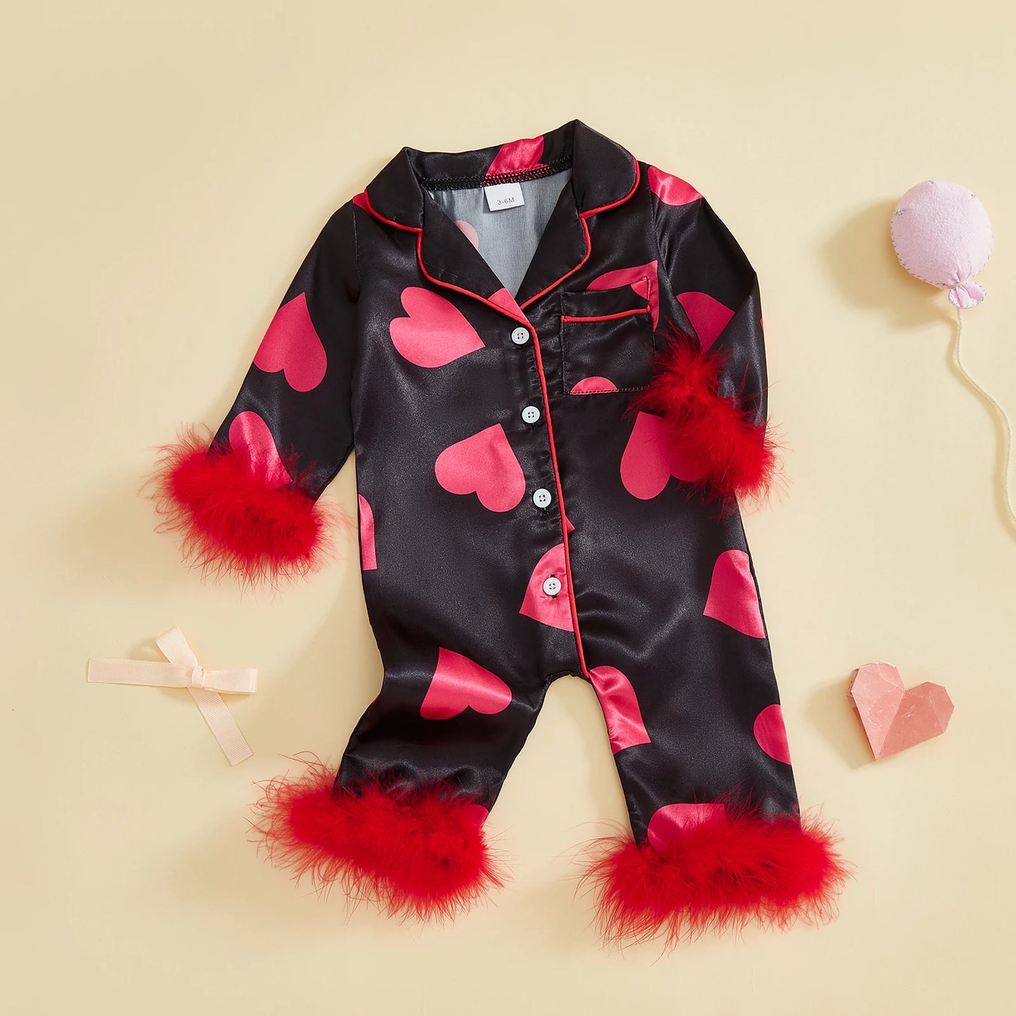 Valentine's Day Spring Newborn Baby Boys Casual Rompers Heart Print Feather Long Sleeve Button Satin Jumpsuits Playsuits