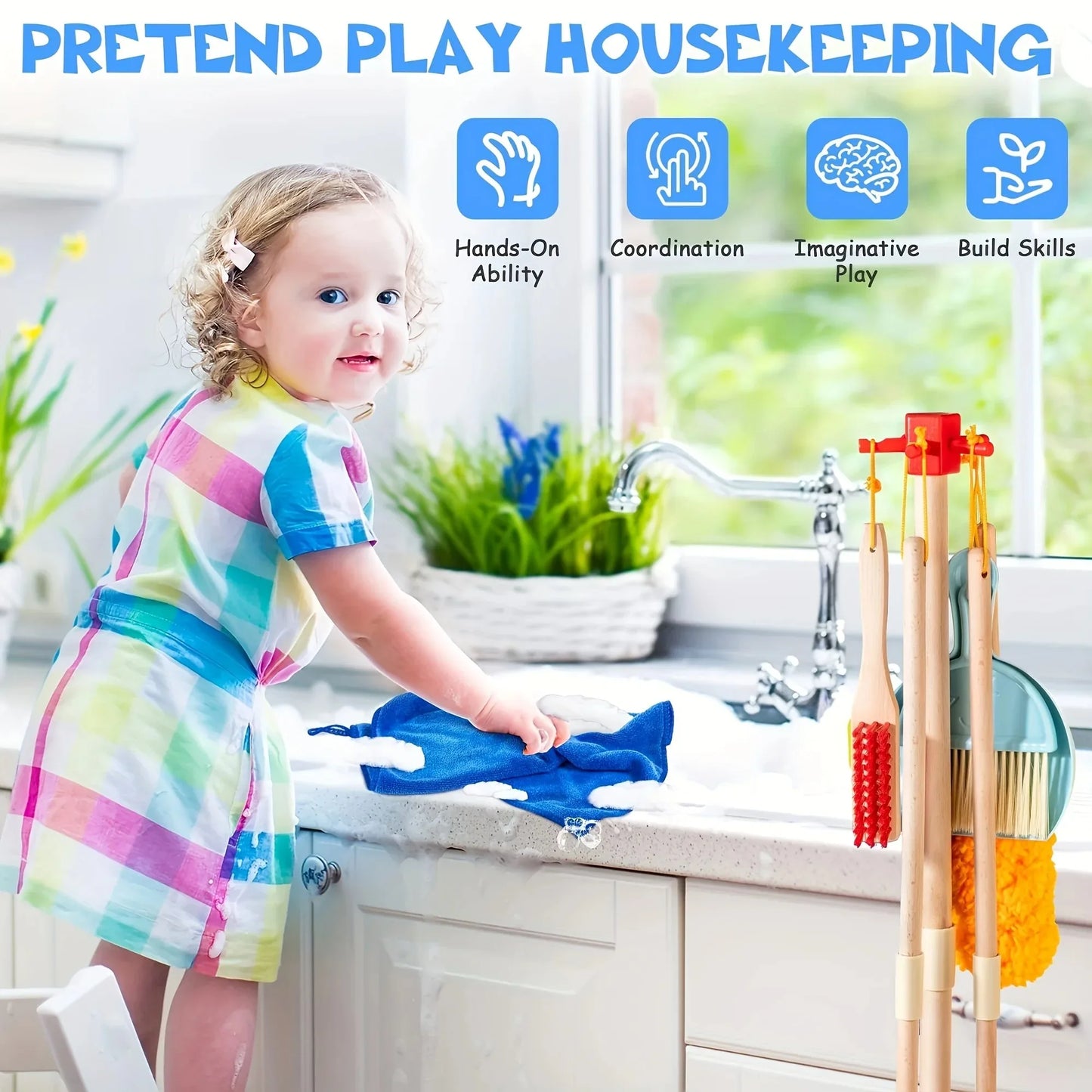 Wooden Kids Cleaning Set Toy For Toddlers 8 Pcs Montessori Cleaning Toys With Kids Broom Mop Set Pretend Housework Play Toy Gift
