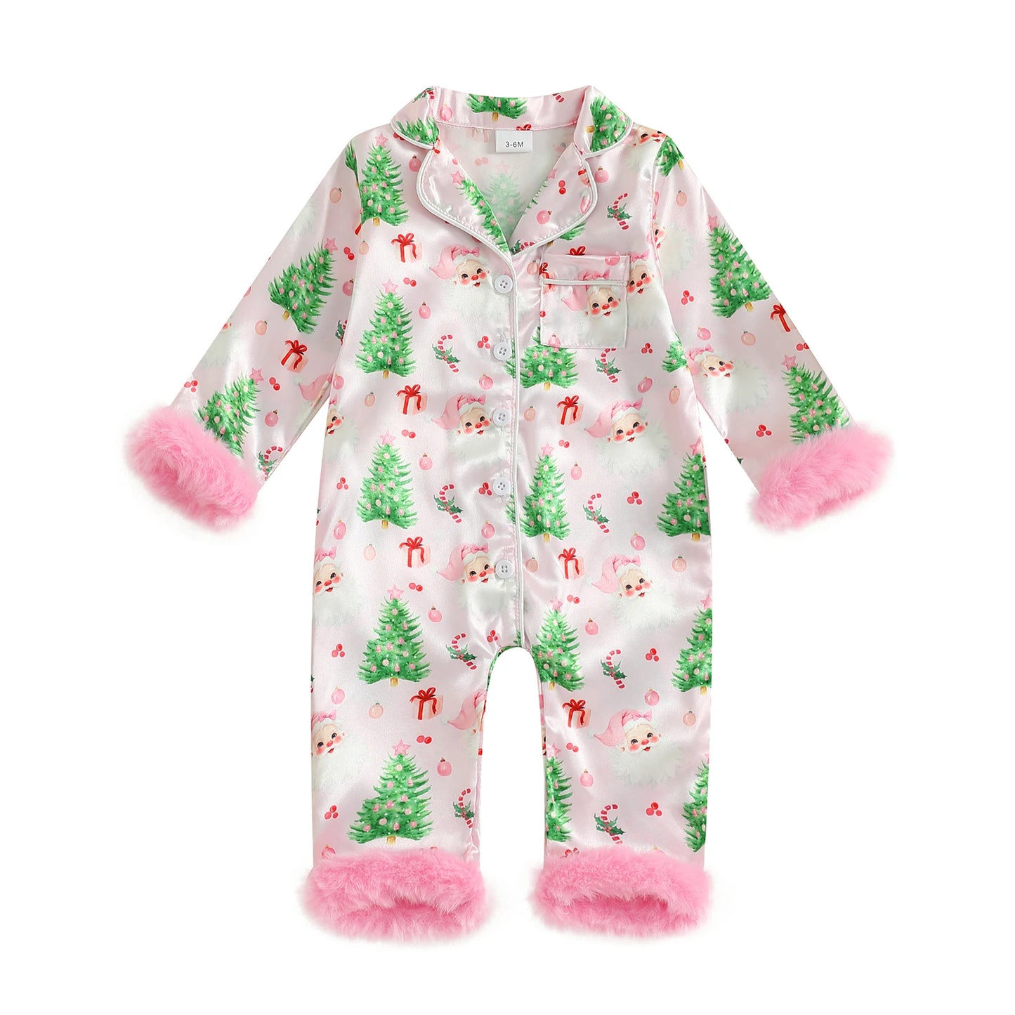 Toddler Christmas Satin Pajamas with Reindeer Print and Faux Fur Cuffs Snap Button Closure V Neck Long Sleeve Romper