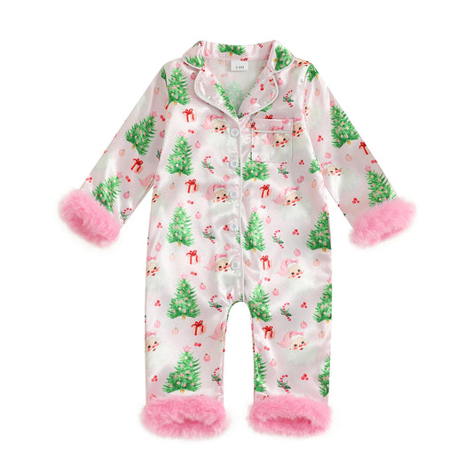 Toddler Christmas Satin Pajamas with Reindeer Print and Faux Fur Cuffs Snap Button Closure V Neck Long Sleeve Romper