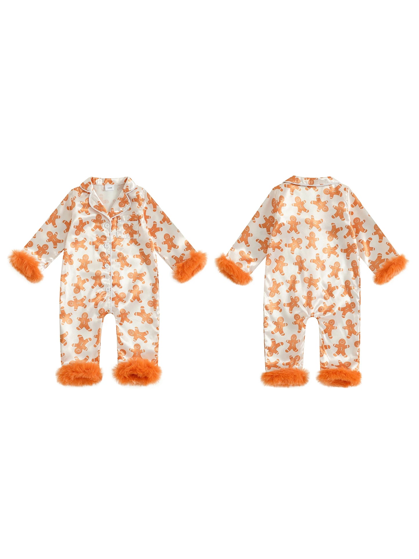 Toddler Christmas Satin Pajamas with Reindeer Print and Faux Fur Cuffs Snap Button Closure V Neck Long Sleeve Romper
