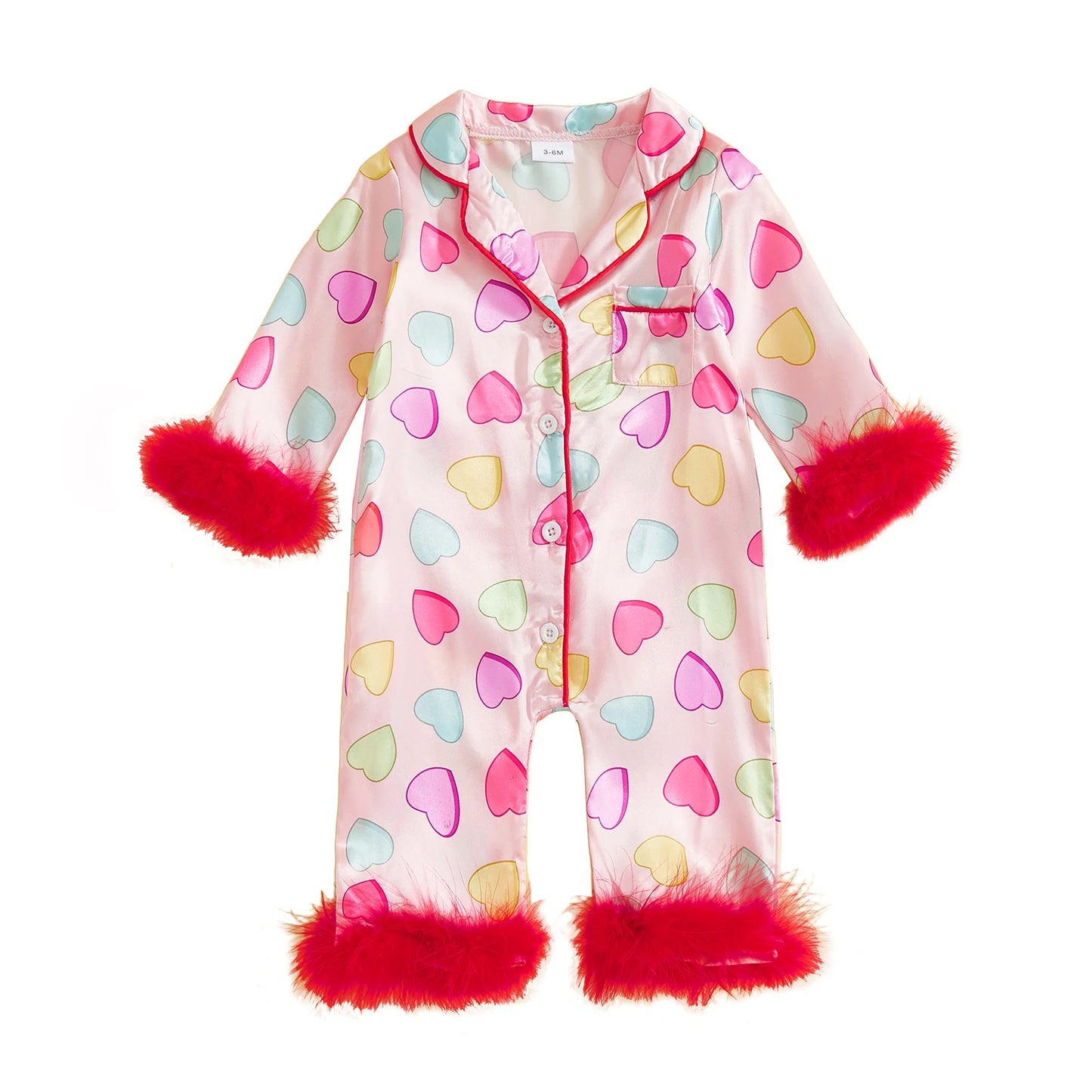 Valentine's Day Spring Newborn Baby Boys Casual Rompers Heart Print Feather Long Sleeve Button Satin Jumpsuits Playsuits