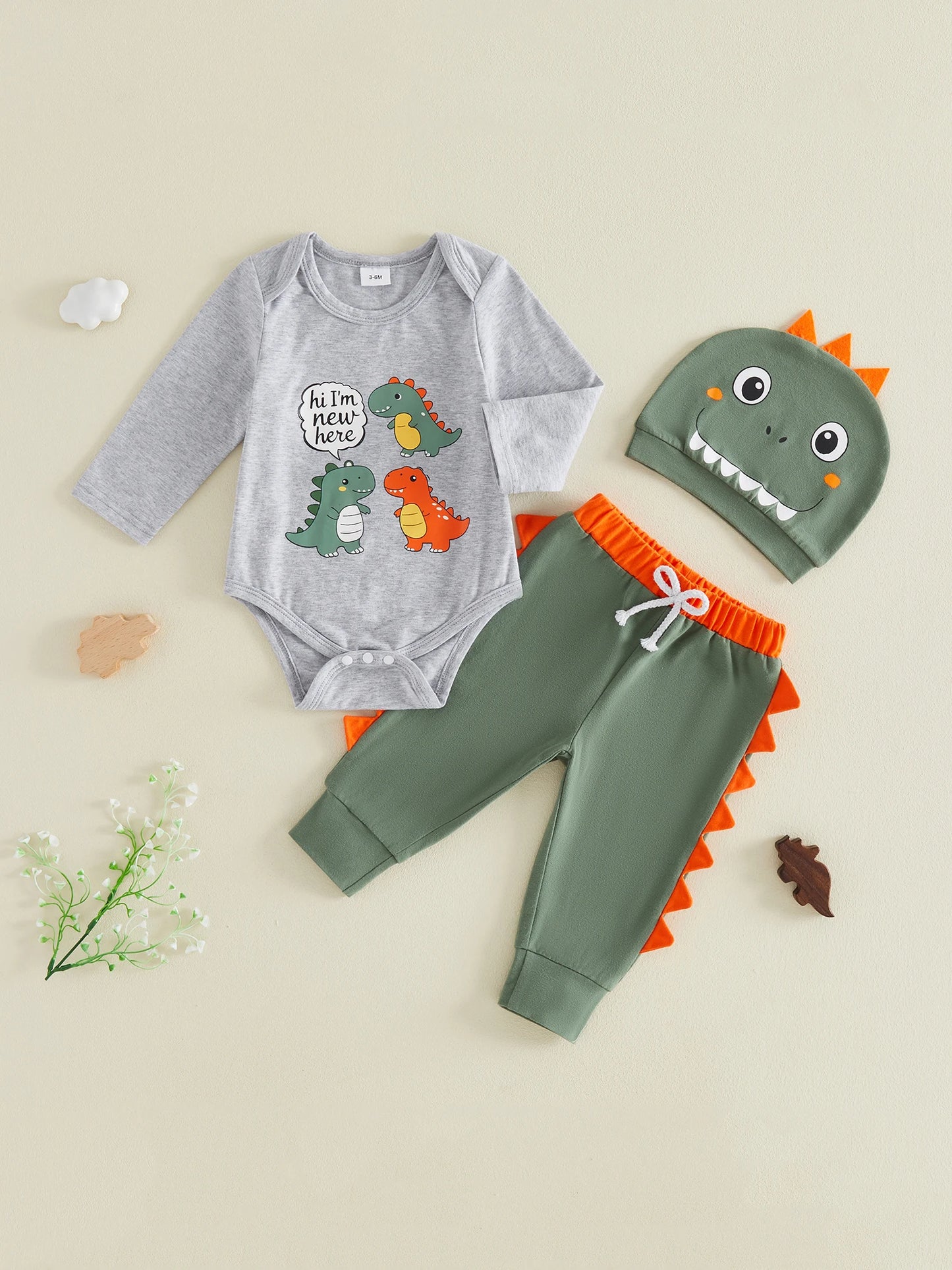 Adorable Baby Boy s Stylish 3-Piece Set with Long Sleeve Dinosaur Print Romper Pants and Hat for a Fashionable Look