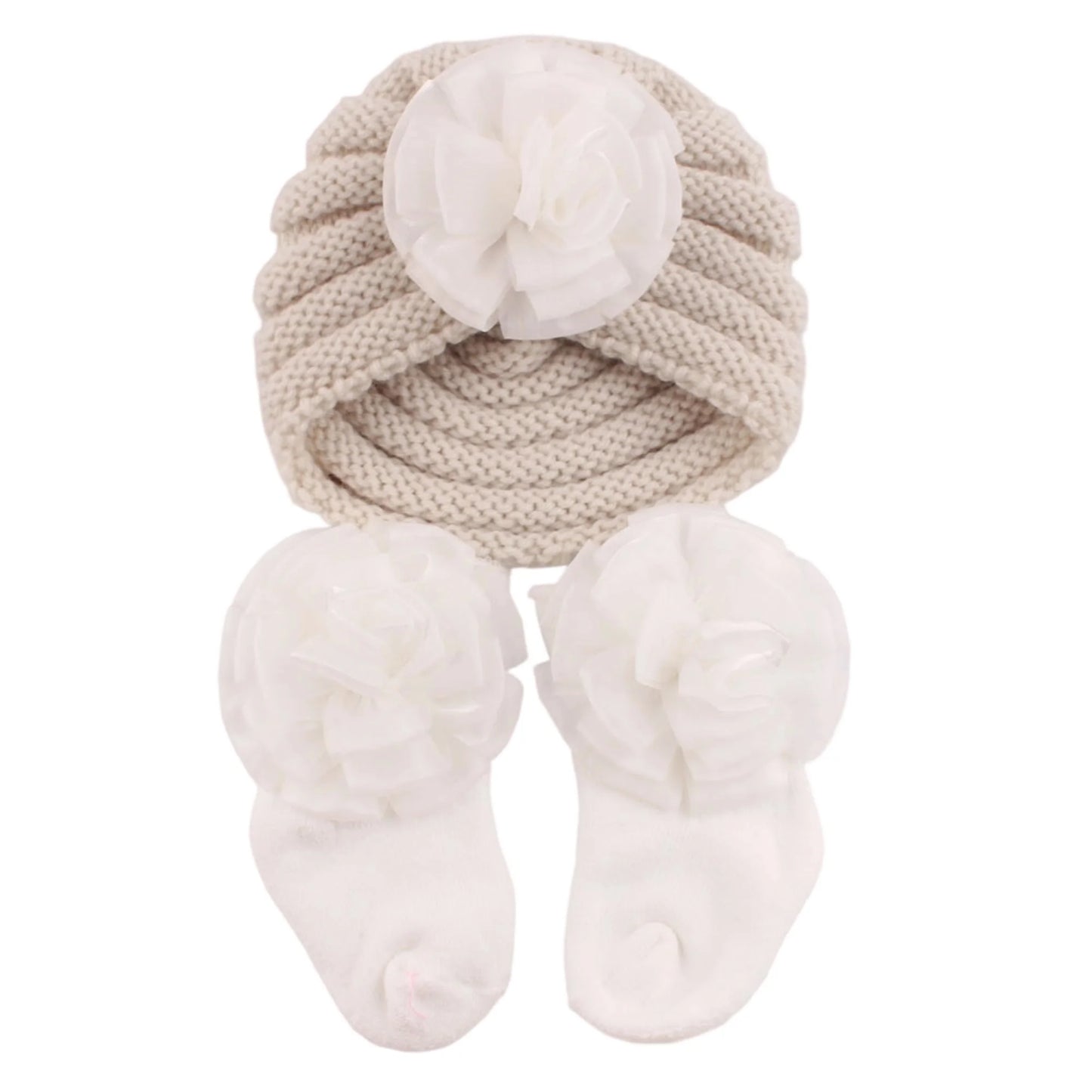 Adorable Baby Girl Knitted Hat and Socks Set with Delicate Floral Embroidery - Cozy Infant Winter Beanies and Booties